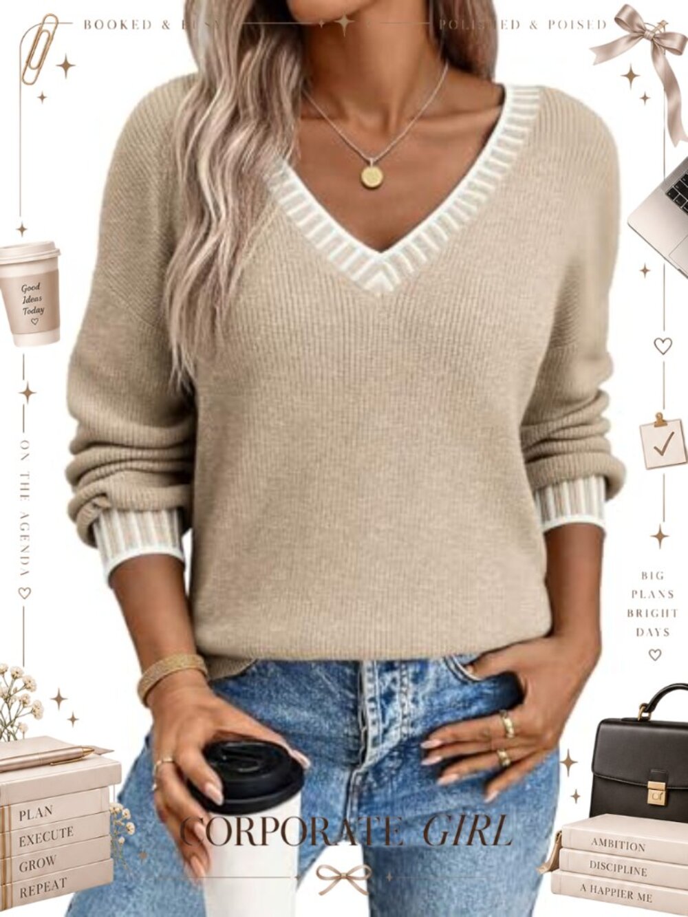 Dokotoo Womens V Neck Long Sleeve Contrast Knit Pullover Sweater